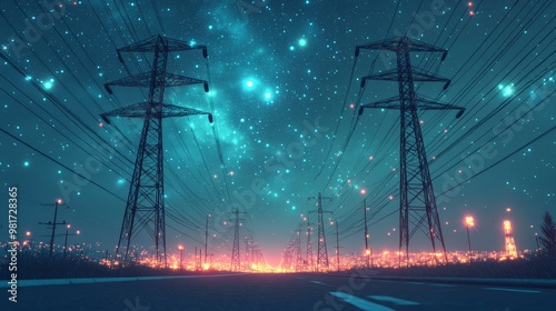 power transmission lines under a starry sky and renewable energy concept