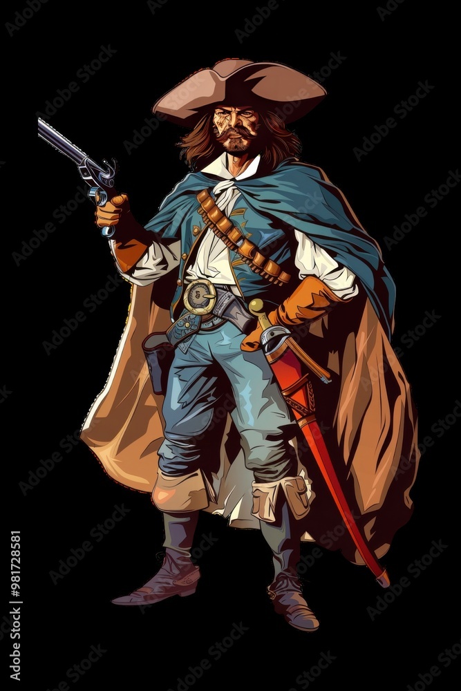 Historical outlaw stands confidently with revolver drawn Historical outlaw stands confidently with revolver drawn