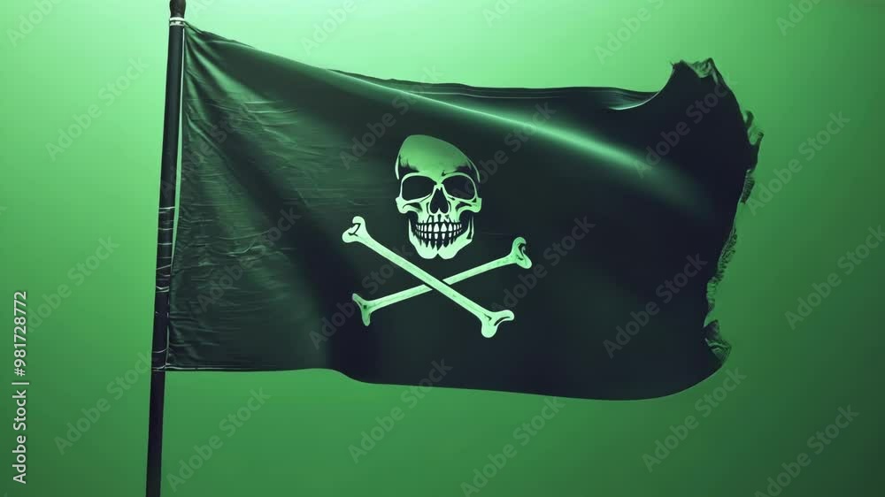 Tattered black pirate flag with skull and crossbones is waving in the ...