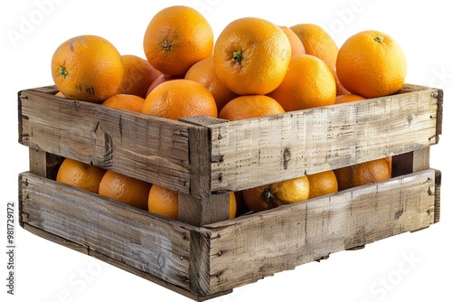 A wooden crate overflowing with fresh oranges. The vibrant oranges create a cheerful and inviting scene. Perfect for food and lifestyle themes. Generative AI photo