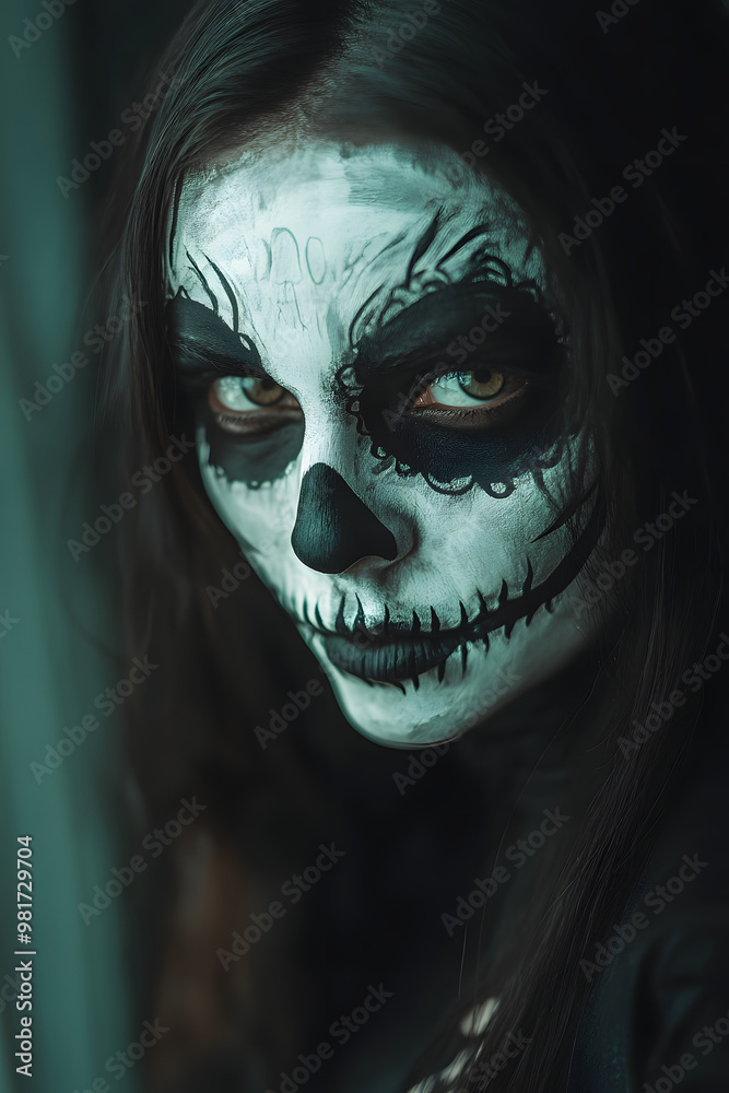 Woman with Skull Face Makeup for Halloween Celebration and Horror Themes Woman with Skull Face Makeup for Halloween Celebration and Horror Themes