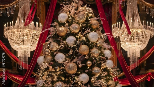 Christmas tree in a grand opera house with sparkling chandeliers