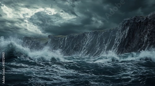 Raging Stormy Seascape with Crashing Waves and Dramatic Cloudy Sky