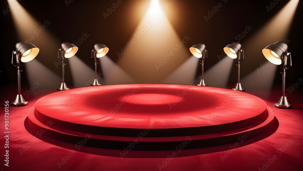 Fototapeta premium Spotlight on the Red Carpet round stage with Stage Lighting , created with generative AI technology