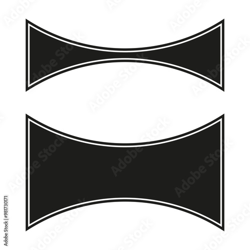 Geometric bowtie shapes. Black curved rectangles. Minimalist vector symbol. Symmetrical design.