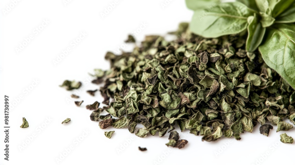 Fresh basil leaves and a pile of dried basil on a white background, showcasing the aromatic herb in both forms for culinary use. Fresh basil leaves and a pile of dried basil on a white background, showcasing the aromatic herb in both forms for culinary use.