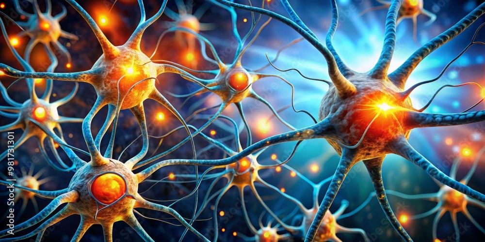 an illustration of brain cells regenerating and reconnecting in a futuristic neural network, set against a gradient background that transitions from a deep blue to a bright orange an illustration of brain cells regenerating and reconnecting in a futuristic neural network, set against a gradient background that transitions from a deep blue to a bright orange