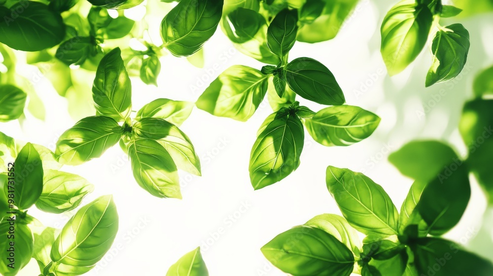 Fresh green basil leaves illuminated by sunlight, capturing the essence of nature and purity in a vibrant, organic display.