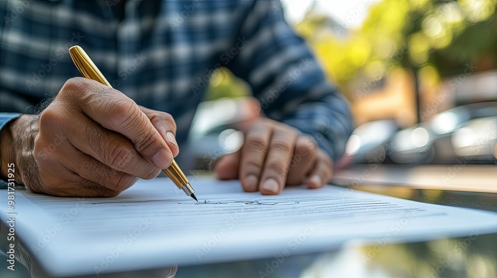 Closeup of a Person's Hand Signing a Document with a Gold Pen Closeup of a Person's Hand Signing a Document with a Gold Pen