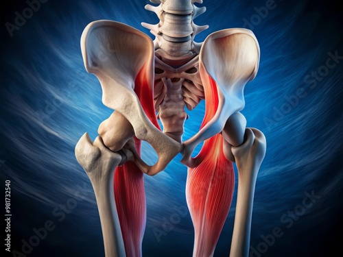 High-contrast medical image of the hip joint with an ultrasound probe placed on the greater trochanter, revealing the gluteus medius muscle and surrounding tissues photo