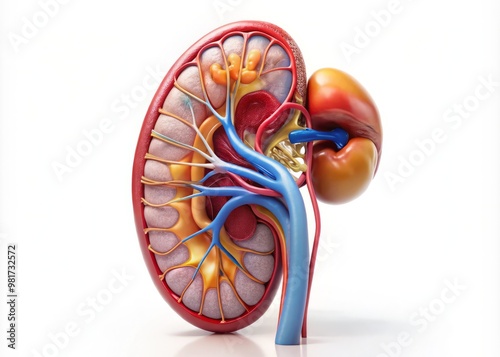 A 3D illustration of a kidney with a prominent glomerulus and nephron structures against a clean white background with a faint grid pattern to highlight the internal workings