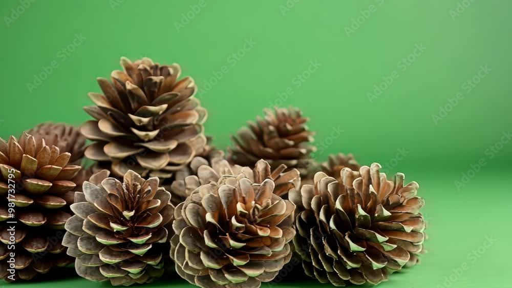 Several pine cones are arranged on a green screen background, forming a diagonal line with copy space. Perfect for holiday themed projects or nature scenes Several pine cones are arranged on a green screen background, forming a diagonal line with copy space. Perfect for holiday themed projects or nature scenes