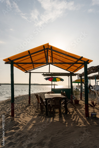 beach chairs and umbrellas Puerto Pizarro Tumbes  Perú photo