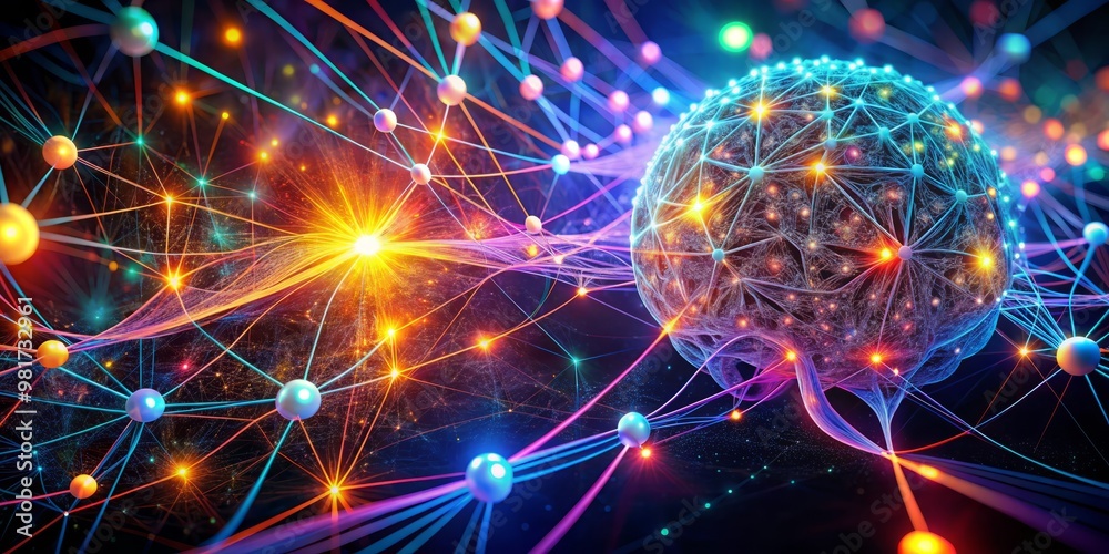 Surreal illustration of the visual cortex as a labyrinth of futuristic neon-lit pathways and interconnected nodes, set against a dark gradient background