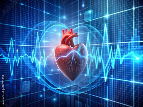 A stylized illustration of the human heart with an ECG waveform wrapped around it emerging from a maze of healthcare data and metrics to represent the patient-centric approach of value-based care photo