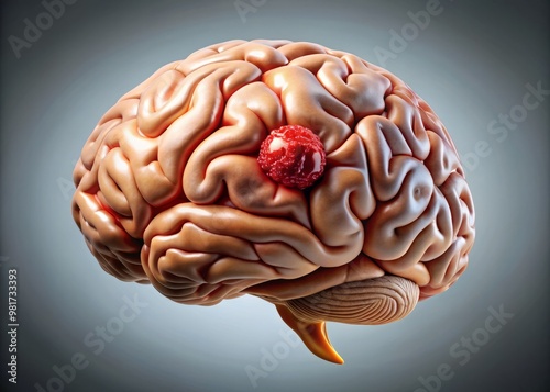 A highly detailed and accurate illustration of a brain with a meningioma tumor on its surface, situated against a neutral gray background, conveying a sense of precision and clarity photo