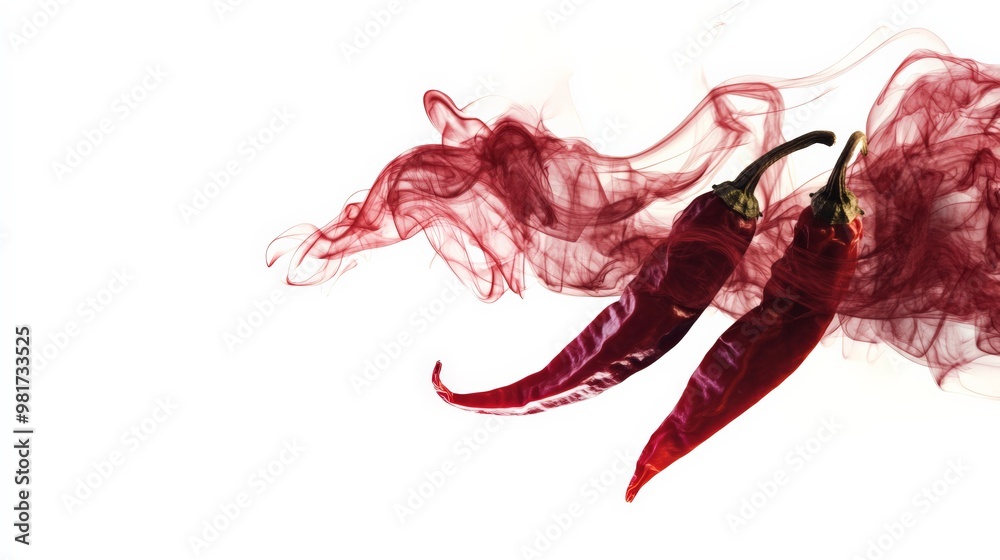 Two red chili peppers with swirling red smoke on a white background, depicting spice and heat in a dynamic and artistic manner. Two red chili peppers with swirling red smoke on a white background, depicting spice and heat in a dynamic and artistic manner.