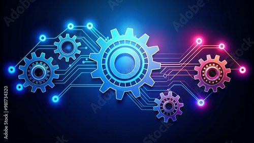 Standardization logo illustration featuring interconnected gears on a gradient blue backdrop, representing the harmonization of processes and systems, photo