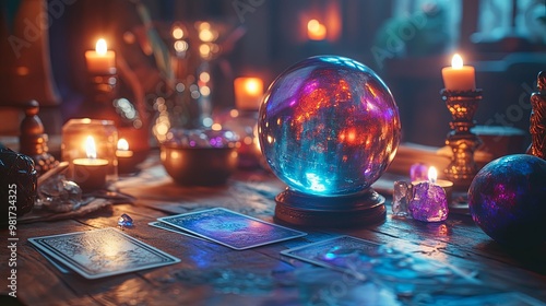 Crystal Ball, Tarot Cards, and Candles on a Wooden Table