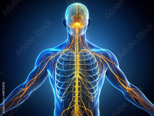 Perspective illustration of the PNS within the human body, featuring a semi-transparent anatomical figure with glowing blue nerve pathways and fibers, set against a dark gradient photo