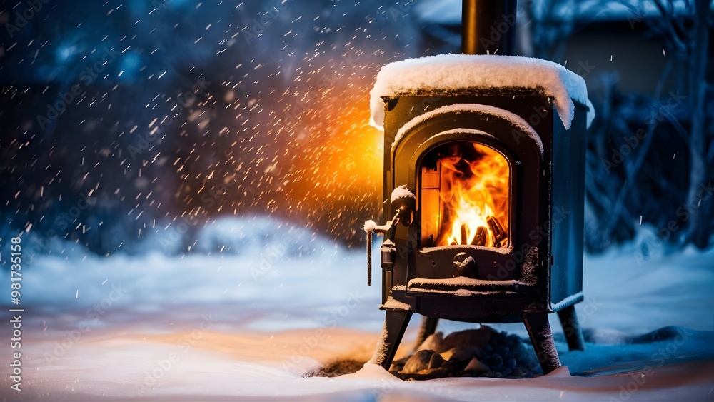 Outdoor Wood Furnace in Snowy Winter Landscape Outdoor Wood Furnace in Snowy Winter Landscape