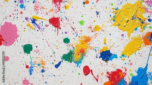 Abstract background with colorful paint splatters on a white canvas.