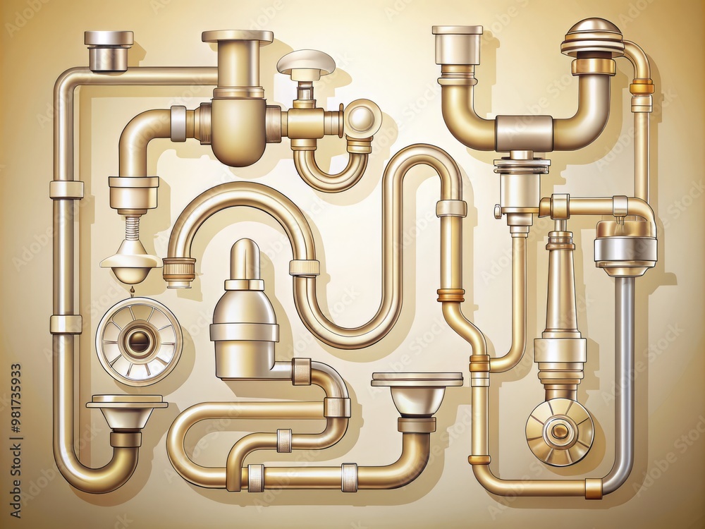A precise and accurate illustration of a series of plumbing accessories, including faucets, drains, and pipes, arranged in a flowing, organic composition with delicate lines and shapes A precise and accurate illustration of a series of plumbing accessories, including faucets, drains, and pipes, arranged in a flowing, organic composition with delicate lines and shapes