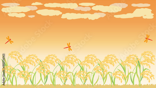 夕焼けと赤とんぼと稲穂の秋のイラスト　アスペクト比16：9バージョン