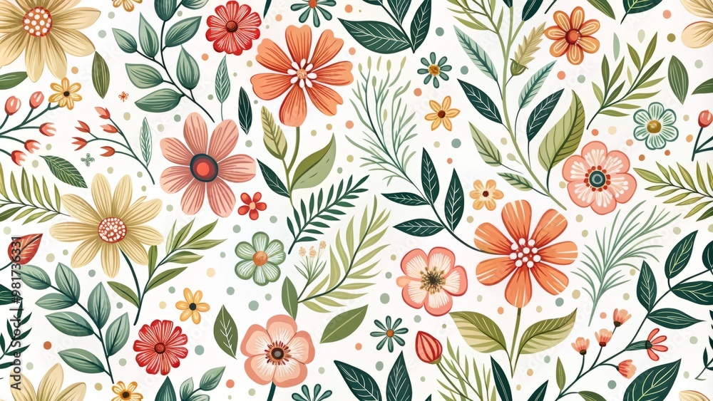 Simple Floral Pattern on White Background showcases a delicate vector illustration of blooms and leaves in precise lines and accurate colors Simple Floral Pattern on White Background showcases a delicate vector illustration of blooms and leaves in precise lines and accurate colors