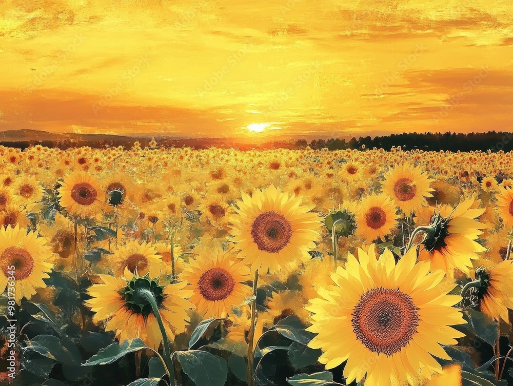 Fototapeta premium Stunning Sunflower Field Bathed in Golden Sunset Glow
