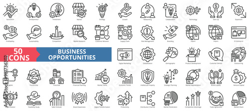 Business opportunities icon collection set. Containing innovation, entrepreneur, investment, market, strategy, networking, collaboration, technology icon. Simple line vector illustration.