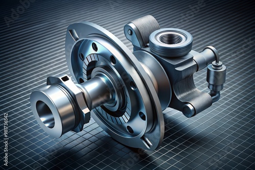 a precise and detailed illustration of a water pump's internal mechanisms featuring its impeller, diffuser, and volute on a dark gray background with a subtle grid pattern, highlighting  photo