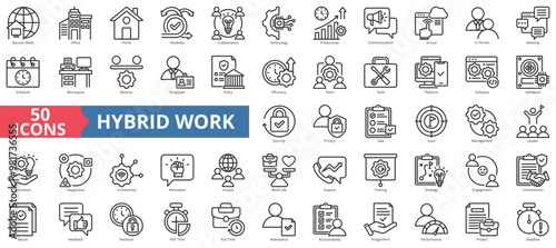 Hybrid work icon collection set. Containing remote work, office, home, flexibility, collaboration, technology, productivity, communication icon. Simple line vector illustration.