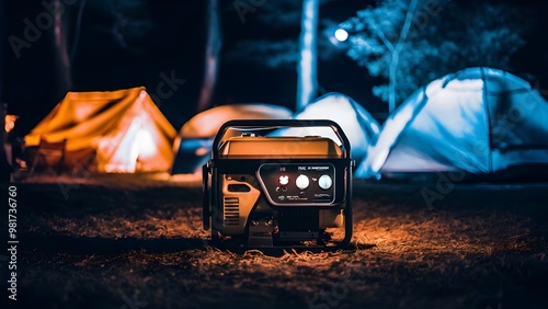 Portable generator powering a campsite at night