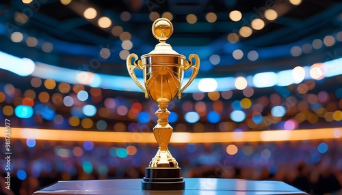 Triumphant trophy gleaming in the spotlight, representing excellence and victory amidst a blurred audience at a prestigious award ceremony photo