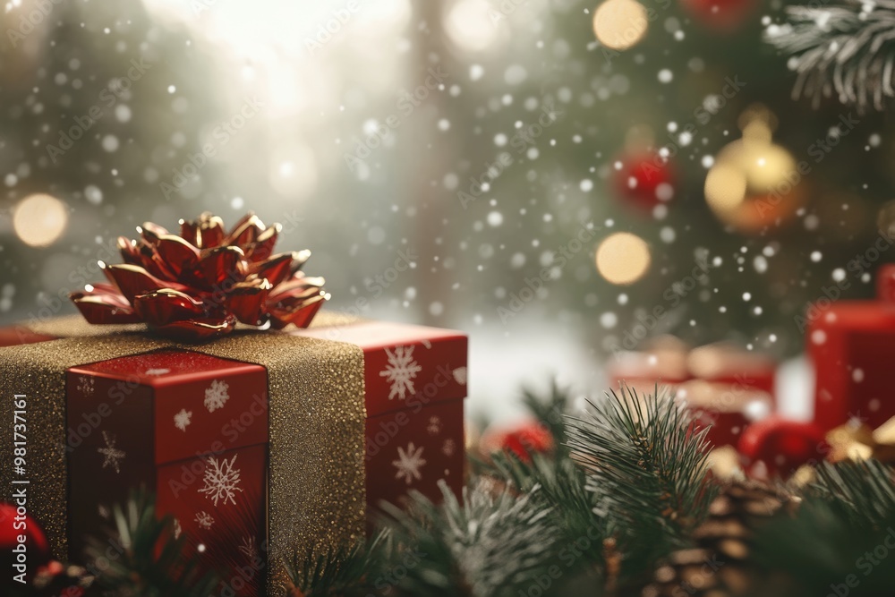 A beautifully wrapped Christmas gift adorned with a festive pinecone shines amidst a snowy wonderland and sparkling holiday decorations A beautifully wrapped Christmas gift adorned with a festive pinecone shines amidst a snowy wonderland and sparkling holiday decorations