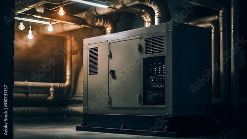 Backup generator in a dimly lit hospital basement