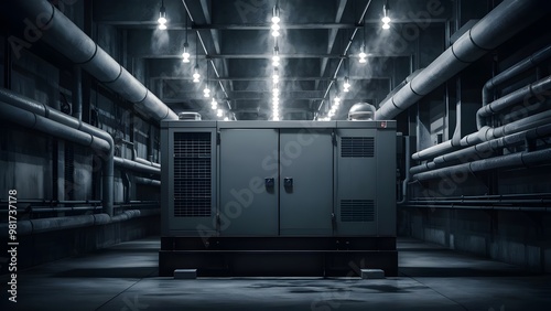 Backup generator in a dimly lit hospital basement