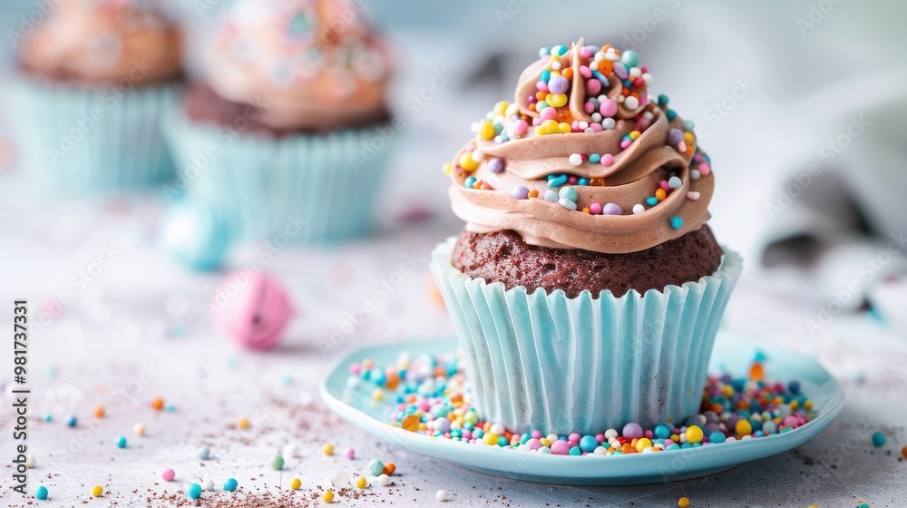 Beautifully decorated cupcakes with vibrant sprinkles rich chocolate icing and a playful array of colorful toppings presented on a festive plate Beautifully decorated cupcakes with vibrant sprinkles rich chocolate icing and a playful array of colorful toppings presented on a festive plate