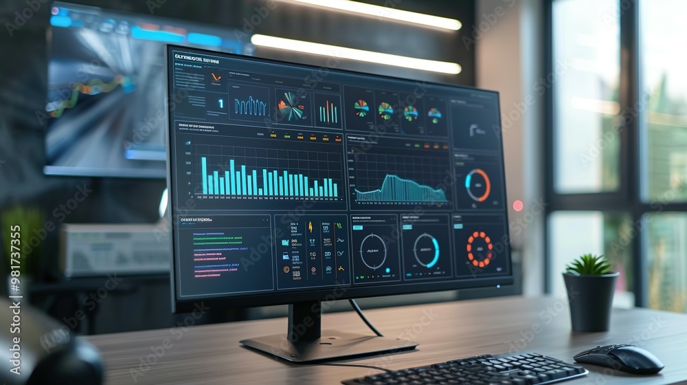 Real-Time Data Analytics: Computer Monitor Showcasing an Abstract Network Monitoring Dashboard with Graphs and System Health Indicators Real-Time Data Analytics: Computer Monitor Showcasing an Abstract Network Monitoring Dashboard with Graphs and System Health Indicators