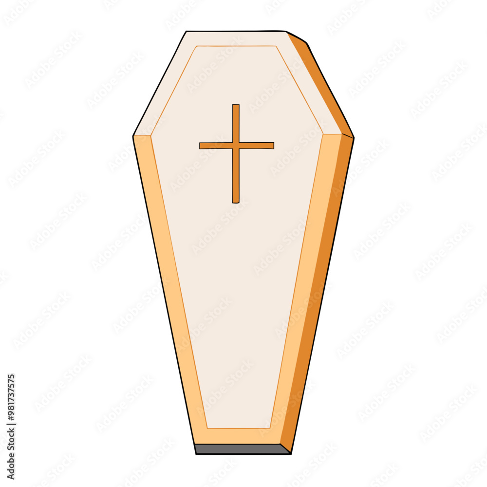 Obraz premium White coffin with a cross illustration on beige background, Halloween concept