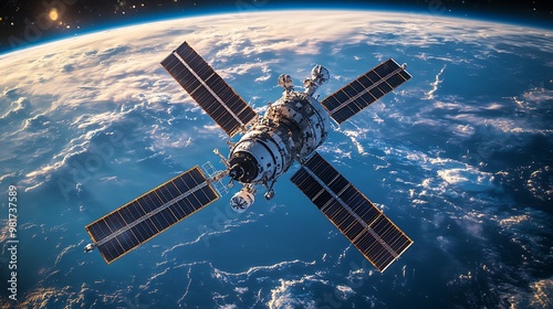 Fototapeta Naklejka Na Ścianę i Meble -  Space Station in Orbit: A detailed view of a space station orbiting Earth, with solar panels extended and modules connected. The Earth is visible below, with blue oceans and white clouds. The