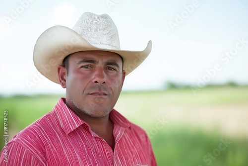 Hispanic male farmworker posing wearing a cowboy hat looking at the camera 