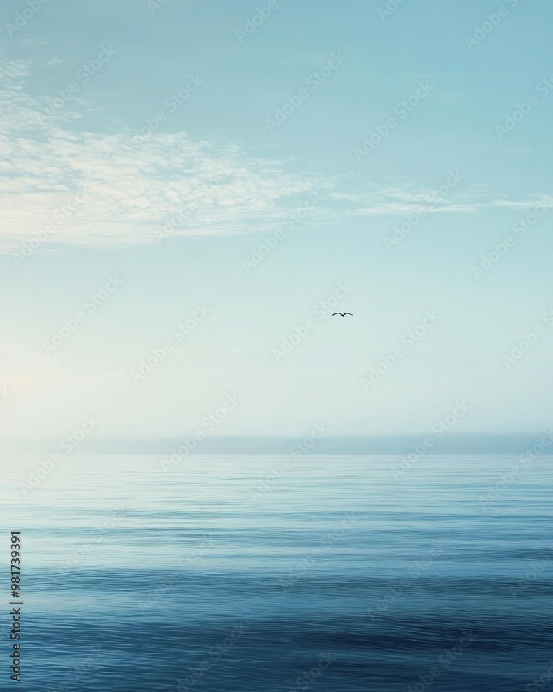 Tranquil Seascape with Lone Bird in Ethereal Horizon Tranquil Seascape with Lone Bird in Ethereal Horizon