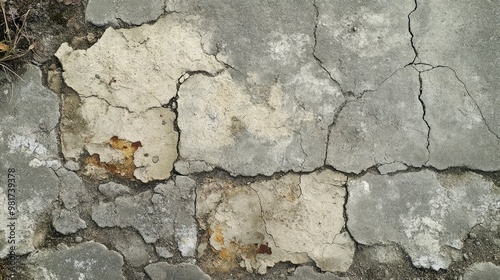 Worn concrete pavement texture with stains and patches of discoloration 