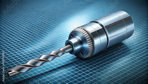 Against a blue-gray backdrop with a subtle grid pattern, illustrate a precision drill guide with a drill bit securely attached, shown from a 3/4 perspective to emphasize its functionality  photo