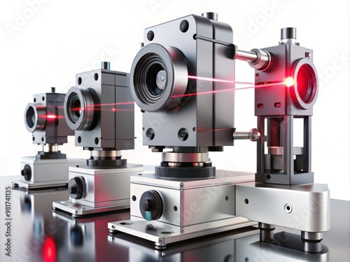 A precise illustration of a laser alignment system set against a clean white background, showcasing the intricate details of the devices with accurate color representation and high-quality rendering