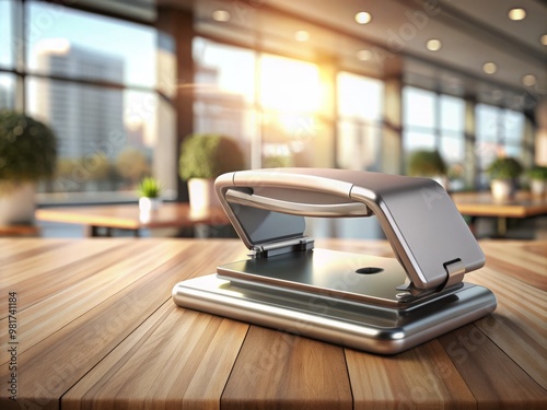 A high-angle perspective view of an electric hole punch sitting on a wooden office table, set against a blurred background of a busy office environment