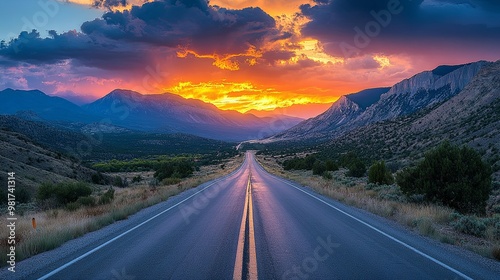 A Winding Road Through Majestic Mountains at Sunset