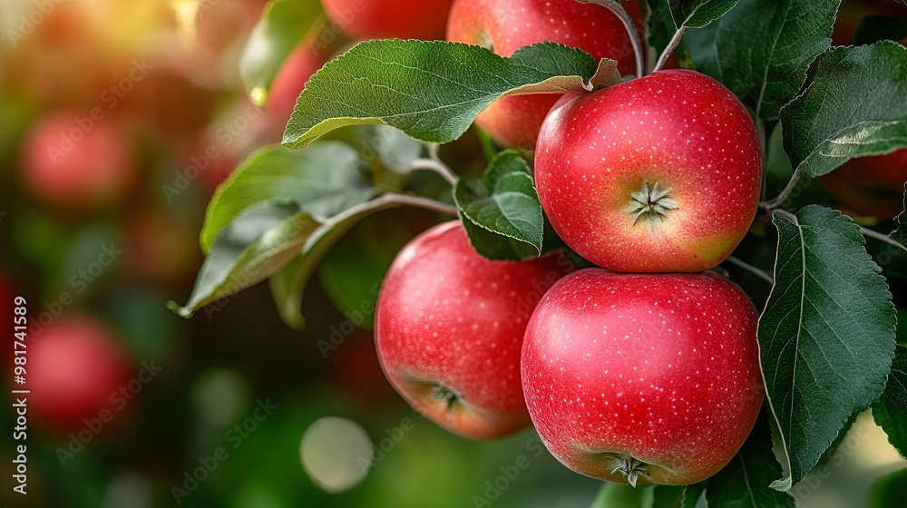 Ripe Red Apples Hanging From Branch in Orchard Ripe Red Apples Hanging From Branch in Orchard
